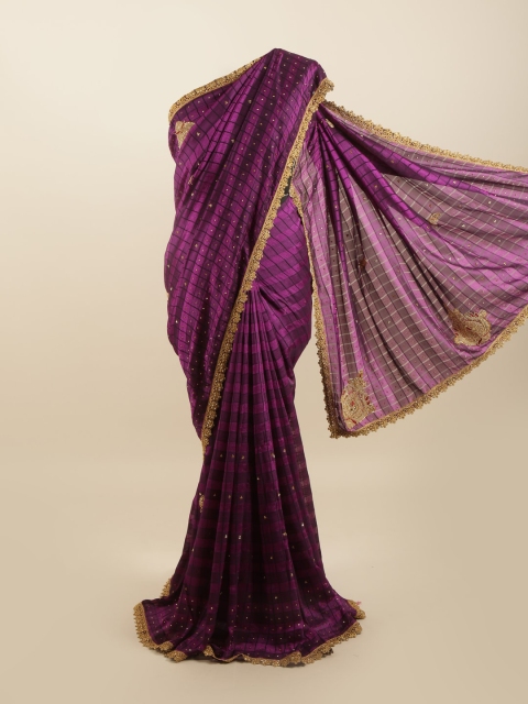 

Pothys Purple & Gold-Toned Checked Silk Blend Saree