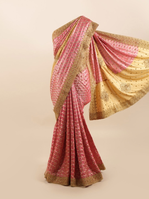 

Pothys Gold-Toned & Pink Checked Beads and Stones Silk Blend Saree
