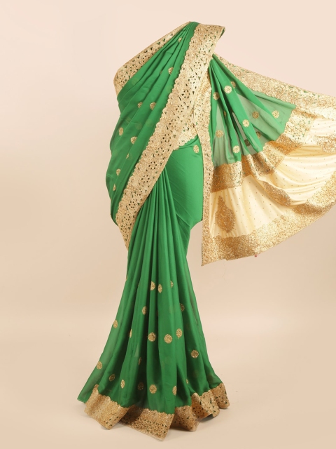 

Pothys Green & Gold-Toned Floral Silk Blend Saree