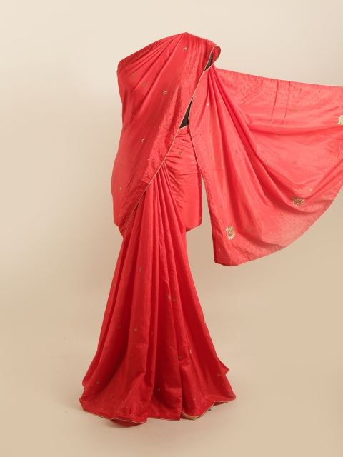 

Pothys Red & Gold-Toned Floral Beads and Stones Silk Blend Saree