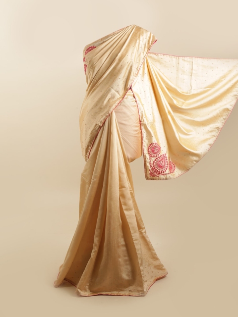 

Pothys Cream-Coloured & Pink Floral Beads and Stones Silk Blend Saree