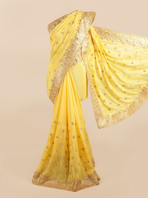 

Pothys Yellow & Gold-Toned Floral Silk Blend Saree