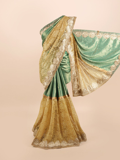 

Pothys Green & Gold-Toned Embellished Silk Blend Saree