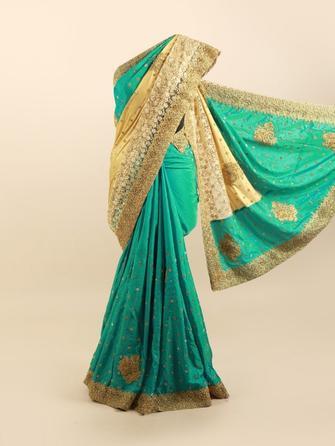 

Pothys Sea Green & Cream-Coloured Embellished Beads and Stones Silk Blend Saree