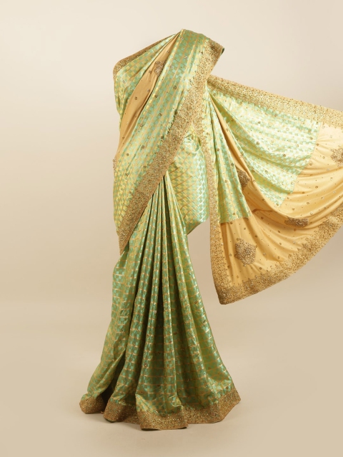 

Pothys Green & Gold-Toned Embellished Silk Blend Saree