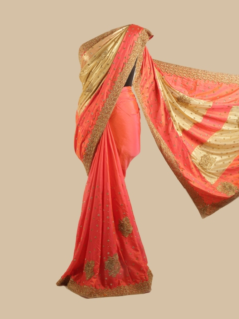 

Pothys Orange & Gold-Toned Ethnic Motifs Embroidered Silk Blend Saree