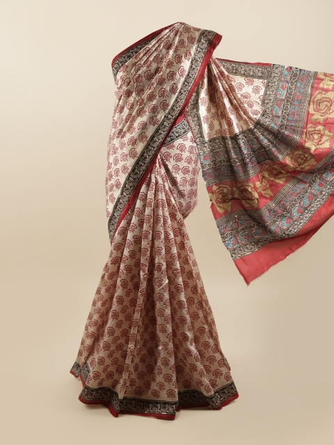 

Pothys Cream-Coloured & Brown Floral Pure Silk Saree