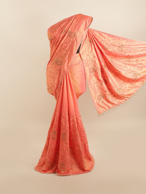 

Pothys Pink & Gold-Toned Embellished Silk Blend Saree