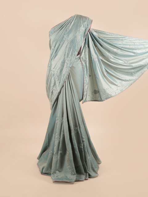 

Pothys Blue & Silver-Toned Floral Silk Blend Saree