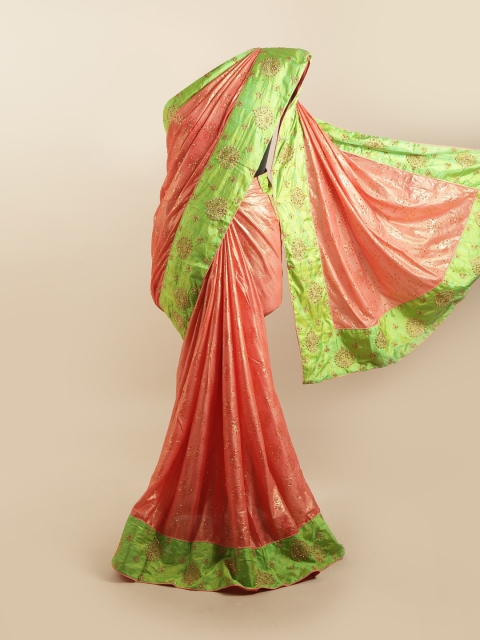 

Pothys Pink & Green Floral Beads and Stones Silk Blend Saree