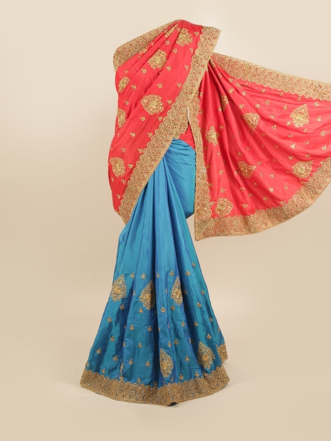 

Pothys Pink & Blue Embellished Beads and Stones Silk Blend Saree