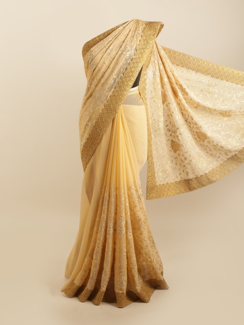 

Pothys Cream-Coloured & Gold-Toned Floral Beads and Stones Silk Blend Saree