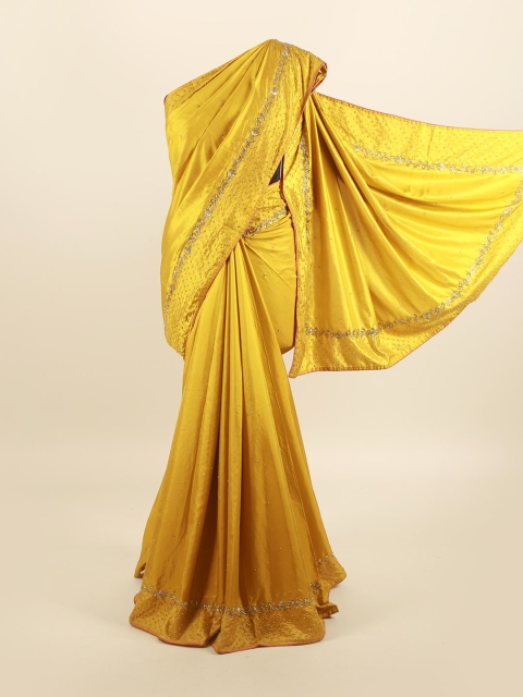 

Pothys Mustard & Gold-Toned Embellished Beads and Stones Silk Blend Saree