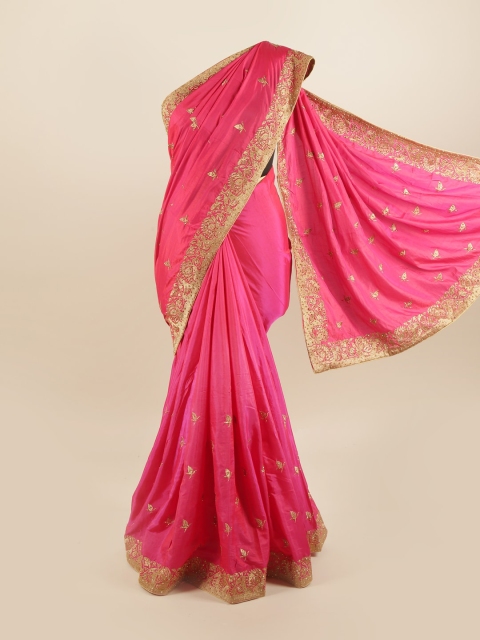 

Pothys Pink & Gold-Toned Embellished Beads and Stones Silk Blend Saree