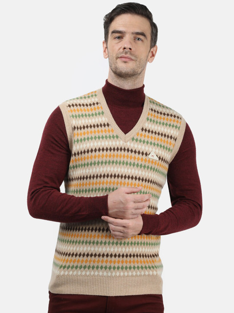 

Monte Carlo Men Beige & Green Printed Sweater Vest