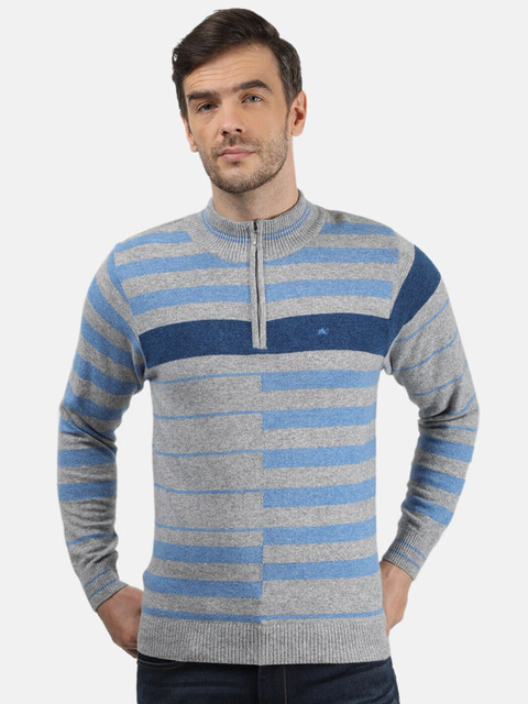 

Monte Carlo Men Grey & Blue Striped Printed Woollen Pullover with Zip Detail