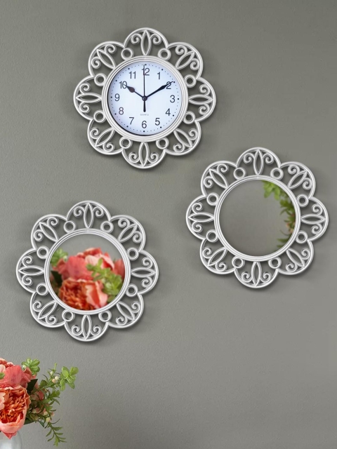

TIED RIBBONS Silver-Toned & White Set of 3 Floral Contemporary Wall Clock