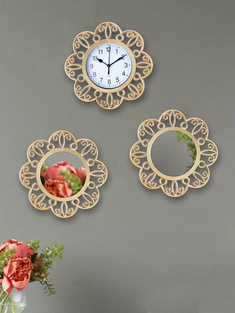 

TIED RIBBONS Gold-Toned & White Set of 3 Floral Contemporary Wall Clock with Mirrors