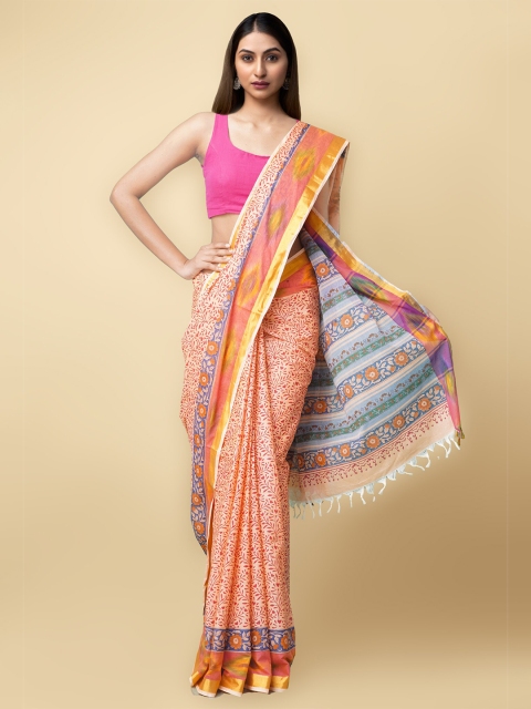 

Unnati Silks Women Peach-Coloured & Red Pure Block Printed Sambalpuri Cotton Sustainable Saree