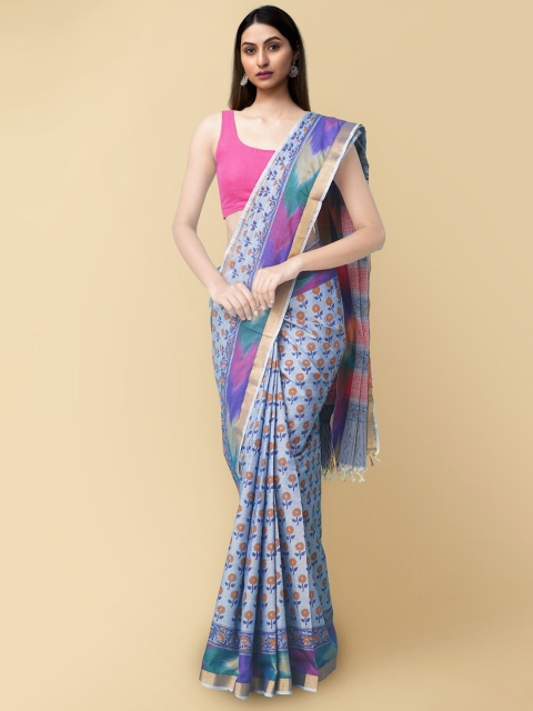 

Unnati Silks Blue & Brown Floral Pure Cotton Sambalpuri Saree