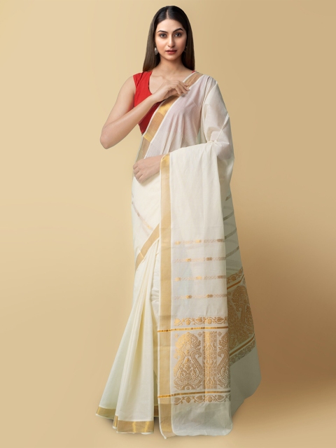 

Unnati Silks Off White & Gold-Toned Woven Design Silk Cotton Kasavu Saree
