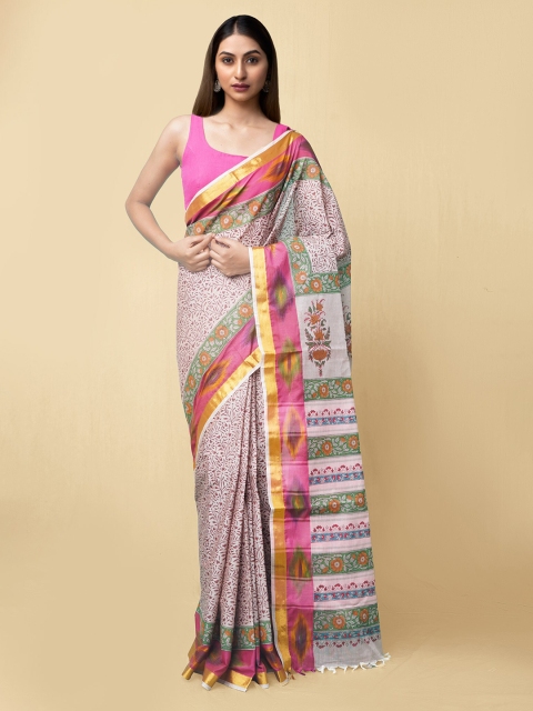 

Unnati Silks Pink & Brown Floral Pure Cotton Sambalpuri Saree
