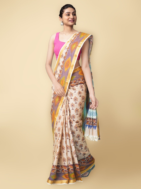 

Unnati Silks Cream-Coloured & Brown Floral Pure Cotton Sambalpuri Saree