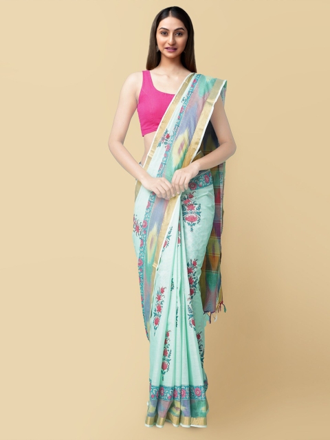 

Unnati Silks Blue & Pink Floral Pure Cotton Sambalpuri Saree