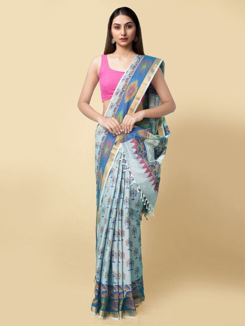 

Unnati Silks Women Blue & Brown Pure Block Printed Sambalpuri Cotton Sustainable Saree