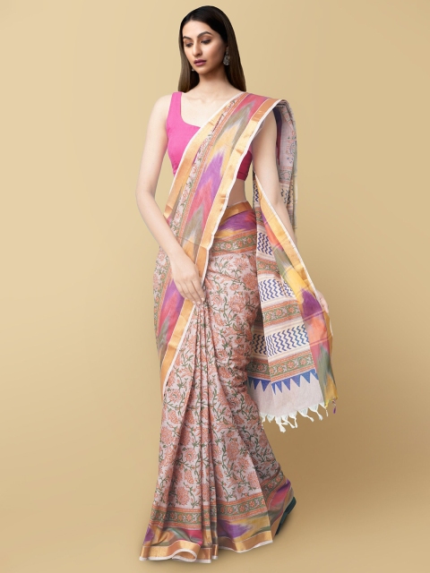 

Unnati Silks Pink & Green Floral Pure Cotton Sambalpuri Saree