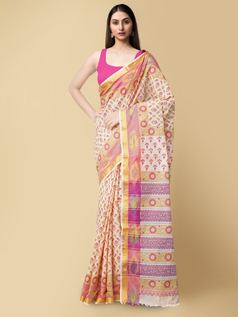 

Unnati Silks Orange & White Floral Pure Cotton Sambalpuri Saree