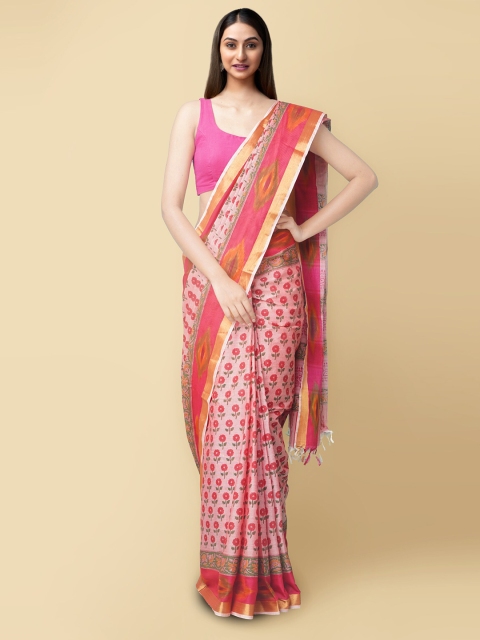 

Unnati Silks Pink & Red Floral Pure Cotton Sambalpuri Saree