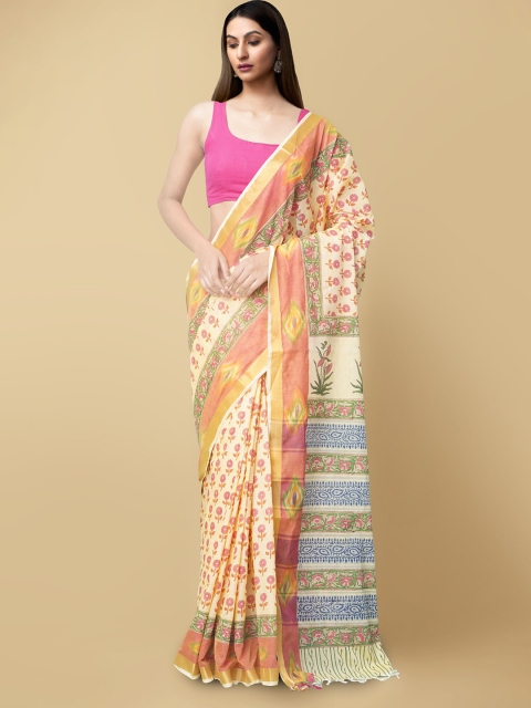 

Unnati Silks Yellow & Pink Floral Pure Cotton Sambalpuri Saree