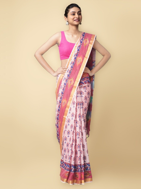 

Unnati Silks Women Pink & Blue Pure Block Printed Sambalpuri Cotton Sustainable Saree