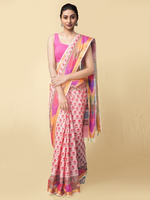 

Unnati Silks Pink & Yellow Floral Pure Cotton Sambalpuri Saree