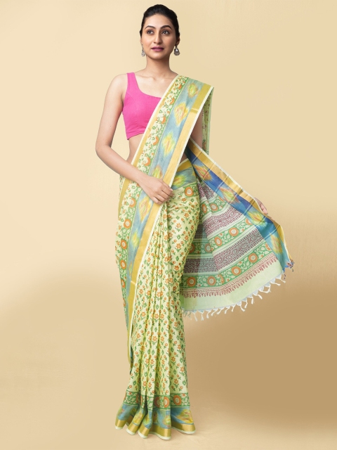 

Unnati Silks Women Green & Blue Pure Block Printed Sambalpuri Cotton Sustainable Saree