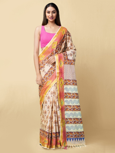 

Unnati Silks Women Brown & Yellow Pure Block Printed Sambalpuri Cotton Sustainable Saree