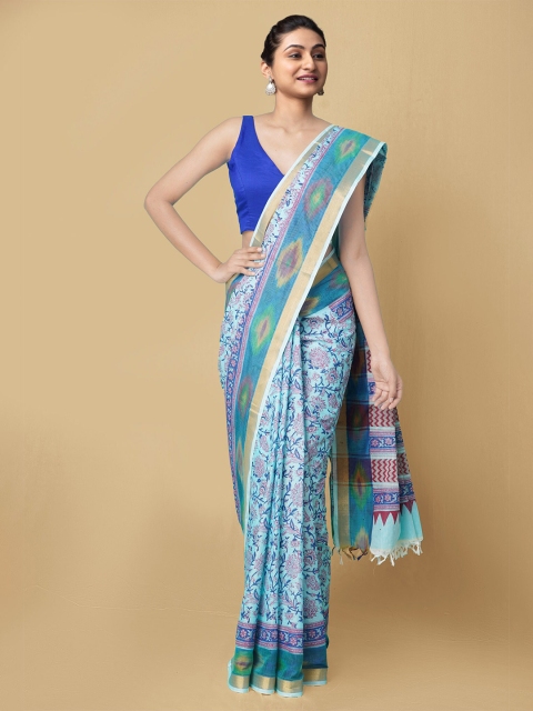 

Unnati Silks Women Blue & Pink Pure Block Printed Sambalpuri Cotton Sustainable Saree
