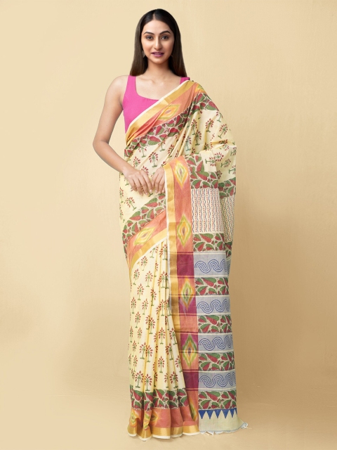 

Unnati Silks Yellow & Red Floral Pure Cotton Sambalpuri Saree
