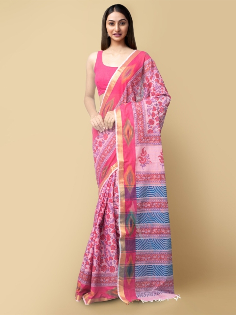 

Unnati Silks Pink & Blue Floral Pure Cotton Sambalpuri Saree