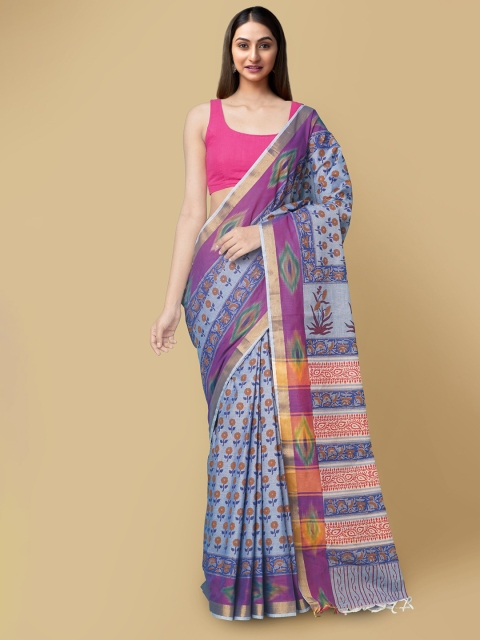 

Unnati Silks Blue & Brown Floral Pure Cotton Sambalpuri Saree