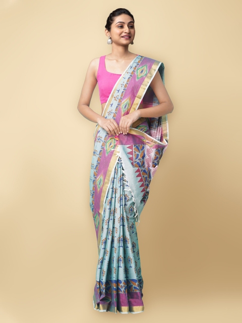 

Unnati Silks Blue & Pink Floral Pure Cotton Sambalpuri Saree
