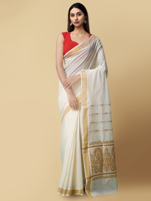 

Unnati Silks Off White & Gold-Toned Pure Cotton Kasavu Saree