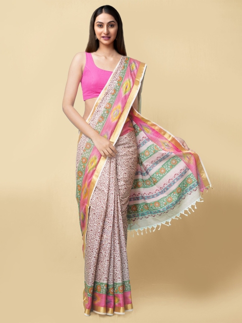 

Unnati Silks Pink & Brown Floral Pure Cotton Sambalpuri Saree