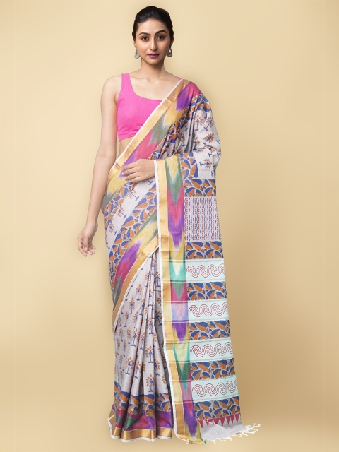 

Unnati Silks Women Grey & Pink Pure Block Printed Sambalpuri Cotton Sustainable Saree