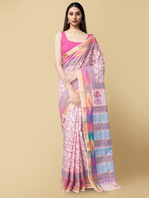 

Unnati Silks Pink & Blue Floral Pure Cotton Sambalpuri Saree