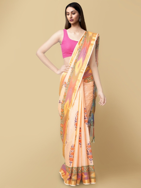 

Unnati Silks Orange & Blue Floral Pure Cotton Sambalpuri Saree