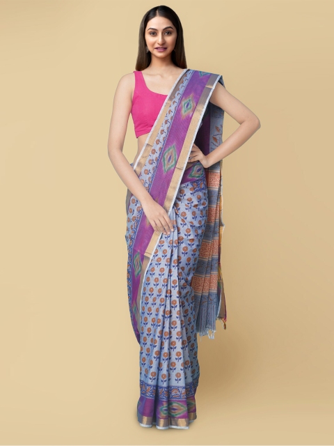 

Unnati Silks Blue & Brown Floral Pure Cotton Sambalpuri Saree