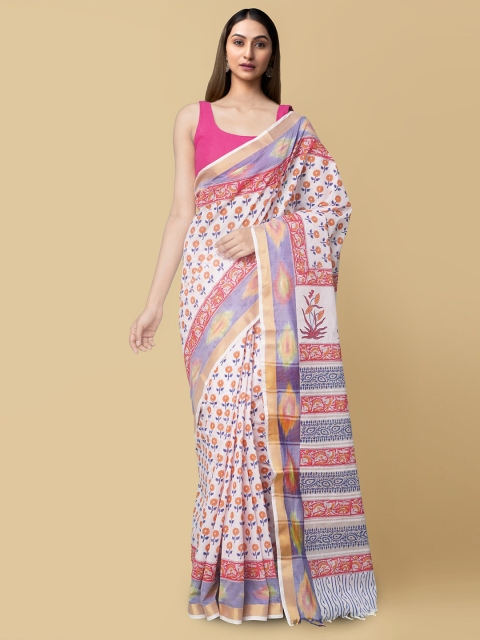 

Unnati Silks Pink & White Floral Pure Cotton Sambalpuri Saree