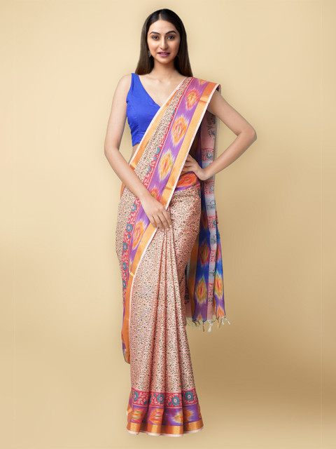 

Unnati Silks Red & Pink Floral Pure Cotton Sambalpuri Saree
